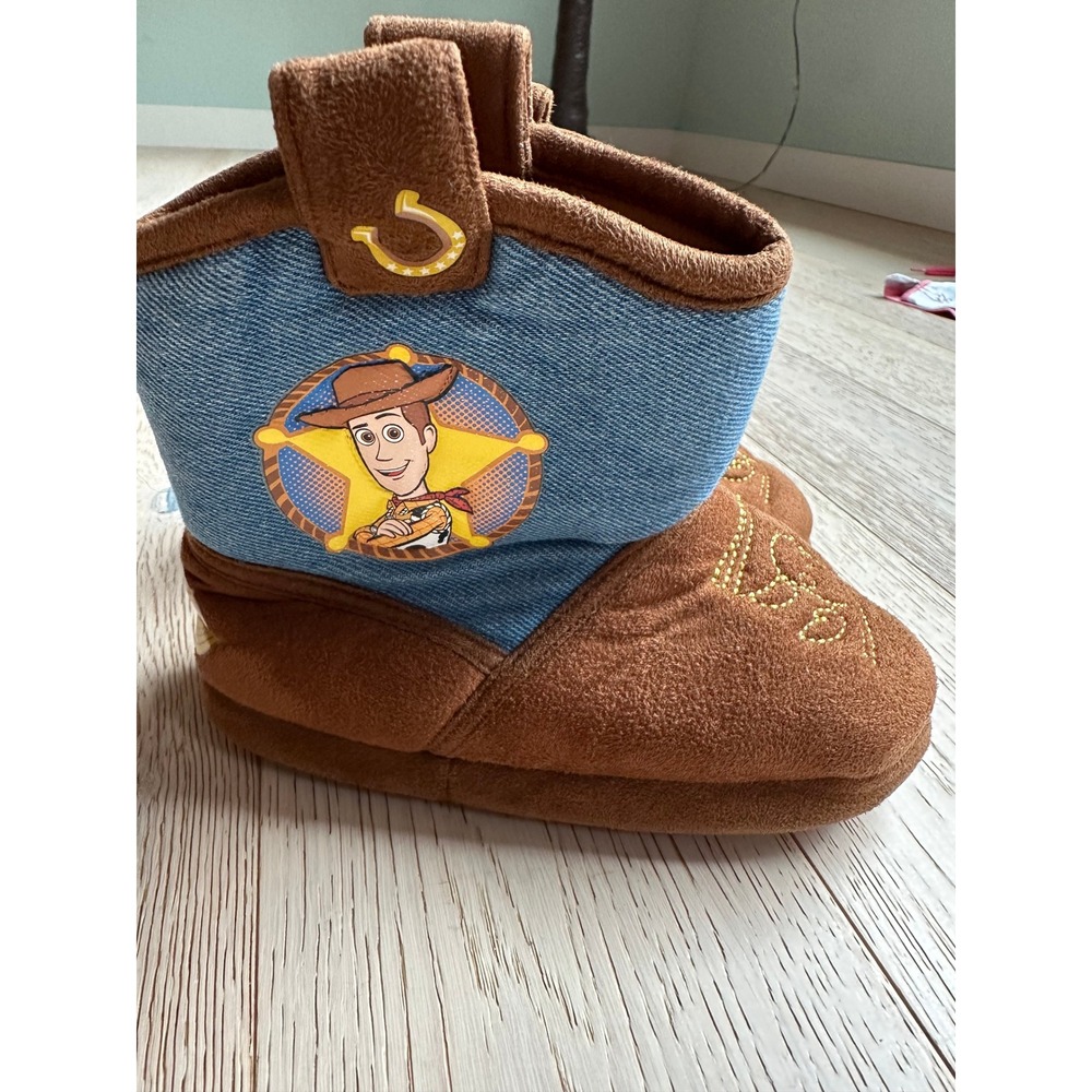 Disney Toy Story Woody Cowboy Boot Slippers Kids Size 9-10 Brown Blue Denim Look